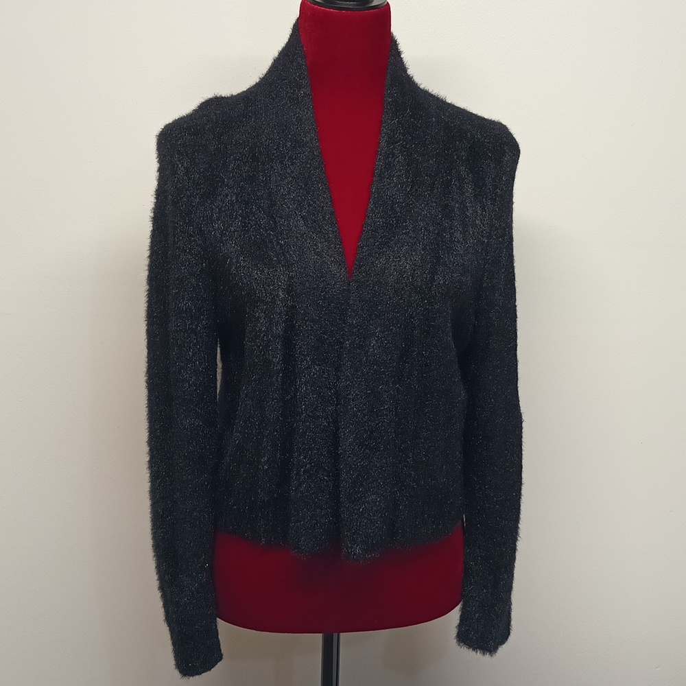 Calvin Klein black Open Front women’s cardigan sz large Fuzzy shrug EUC. - Picture 2 of 11